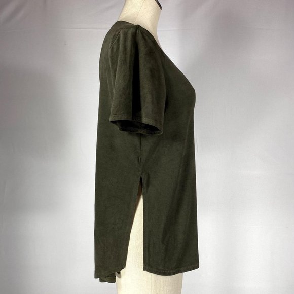 Moa Moa Dark Green Faux Suede Split Back Top Sz L - Picture 2 of 6